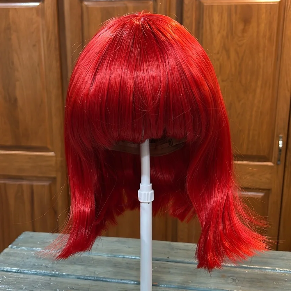 NWOT Red Medium Length Synthetic Wig w/ Bangs Open Mesh Cap Adjustable Strap